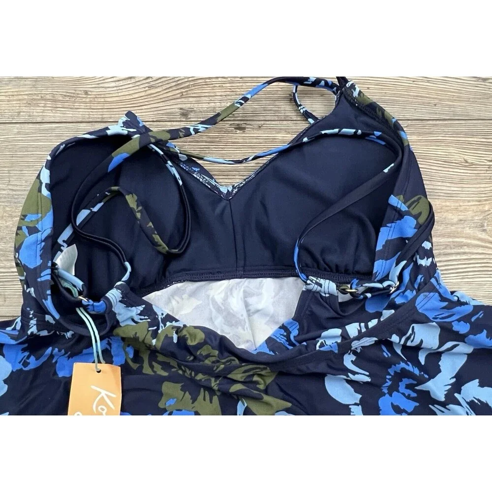 Kona Sol Women's Tankini Top Double Strap V-neck Floral Blue Size‎ MED